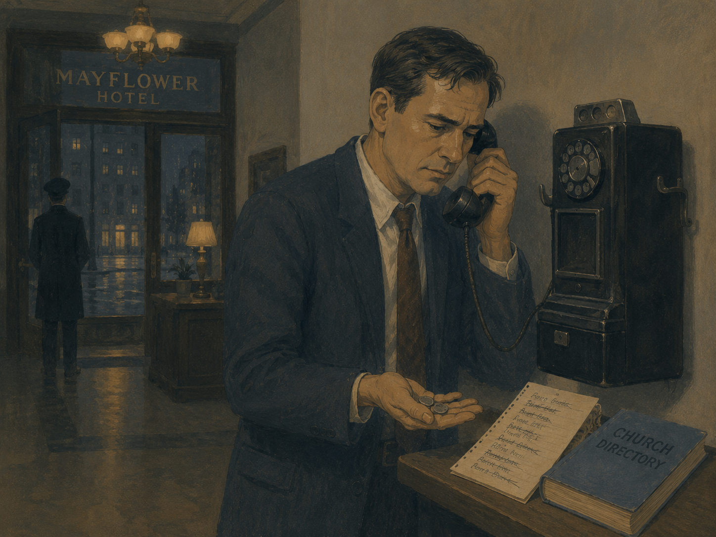 A man in a suit stands at a payphone in the Mayflower Hotel lobby, counting coins in his palm while holding the receiver, a church directory open on the ledge beside him.