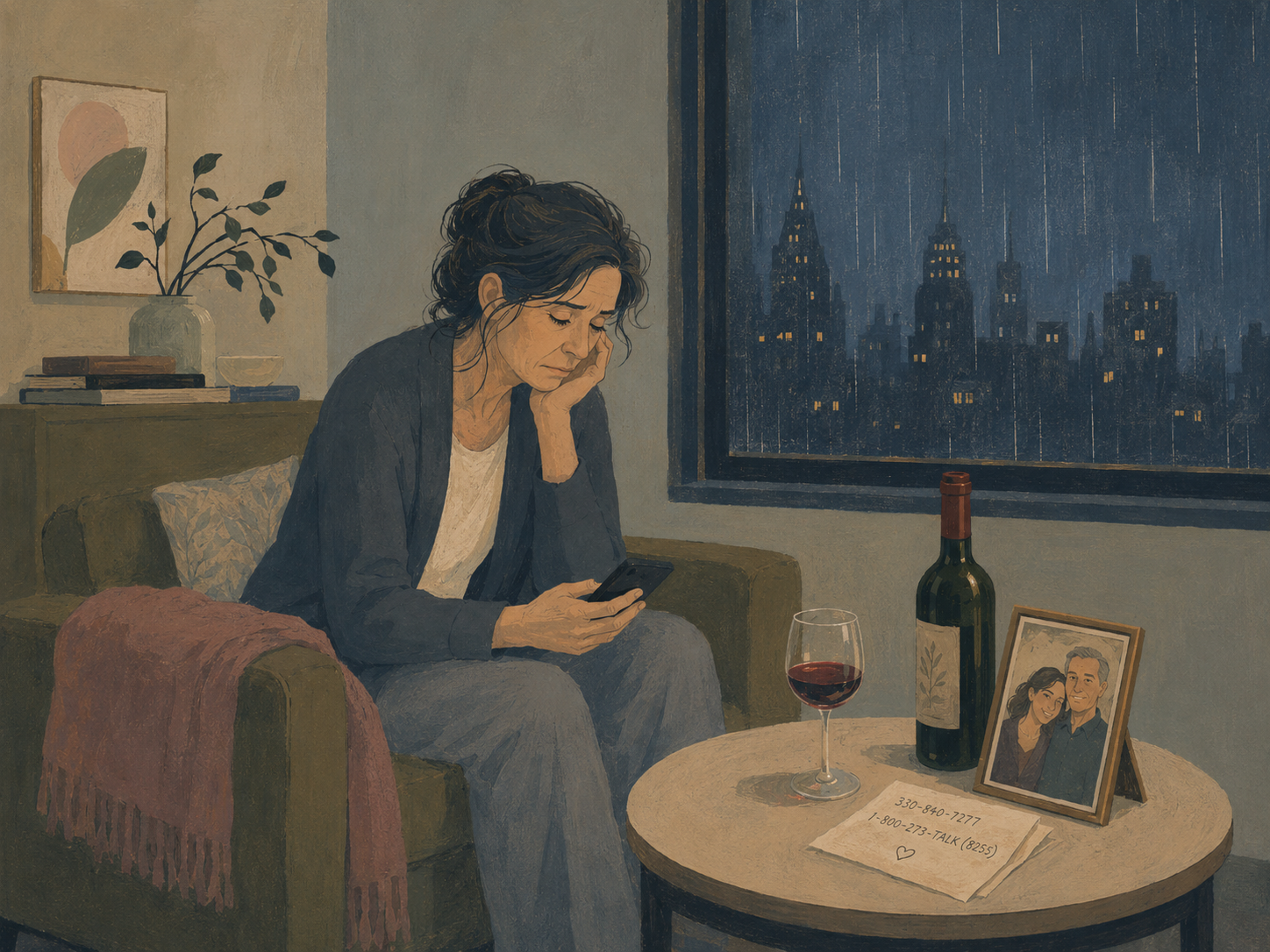 A woman sits alone on a couch at night, looking at her phone. A wine bottle and glass sit on the coffee table beside a framed photo and a note with phone numbers.